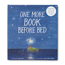 Load image into Gallery viewer, One More Book Before Bed cover image showing a child on a floating bed in a sea under a starry sky. Subtitle in corner states 'A nighttime ritual to ease worries and help ids get to sleep'