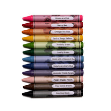 Load image into Gallery viewer, Stack of colorful crayons with labels on a white background