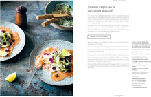 Load image into Gallery viewer, A printed recipe page featuring a photograph of plated salmon carpaccio and cucumber Waldorf salad on the left, with the title 'Salmon carpaccio & cucumber Waldorf' and recipe text on the right.