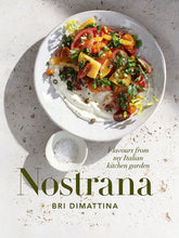 Load image into Gallery viewer, cover photo of bri dimattina's Nostrana cook book: flavours from my Italian kitchen garden showing a colorful tomato salad ina white bowl aside a small bowl of salt on a white terrazzo countertop