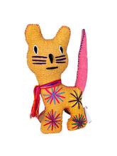 Load image into Gallery viewer, handmade wool stuffed animal cat with yarn starbursts and scarf from abrazo style made in the chiapas