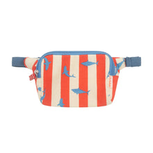 Load image into Gallery viewer, kid's fanny pack or hip bag with blue strap, and body made in red and cream stripe with a shark pattern. cotton fabric and a contrasting blue zipper.