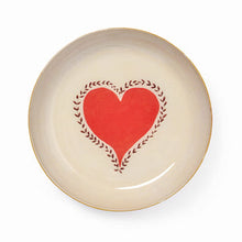 Load image into Gallery viewer, Beige enameled tin dish with a red heart and green leaves design on a white background