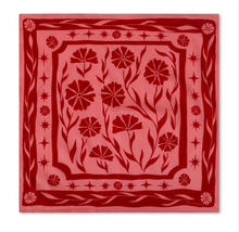 Load image into Gallery viewer, A square scarf featuring a red and pink floral pattern with a decorative border, displayed flat against a white background.