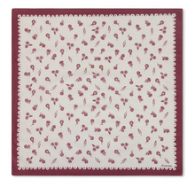 Load image into Gallery viewer, A square scarf featuring a cream background with a repeating dusty rose floral and leaf pattern, finished with a solid dusty rose border and a white scalloped edge.