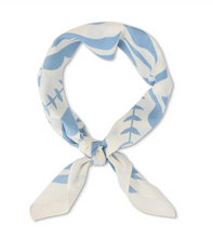 Load image into Gallery viewer, A lightweight scarf with a light blue and off-white botanical pattern, tied in a knot and displayed against a solid white background.