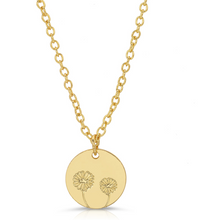 Load image into Gallery viewer, A gold chain necklace with a round gold disc pendant engraved with two sunflower designs, shown against a plain white background.