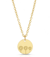 Load image into Gallery viewer, A gold chain necklace with a round gold disc pendant engraved with three daisies, shown against a plain white background.