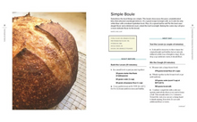 Load image into Gallery viewer, A printed recipe for 'Simple Boule' showing a close-up photo of a baked bread loaf on the left, with text instructions and prep notes on the right on a white page.