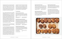 Load image into Gallery viewer, A printed recipe card or cookbook page showing chocolate chip cookie variations, with text blocks on the left and right and several photos of baked cookies on the right side. The page is photographed against a white background.