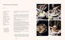 Load image into Gallery viewer, A two-page cookbook spread showing the recipe for Fried Green Tomatoes, with text on the left and four step-by-step photos on the right of hands preparing the dish in a kitchen.