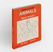 Load image into Gallery viewer, cover image of board book Birds and Other Animals with Pablo PIcasso form Phaidon's First Concepts with Fine Artists showing a graphic representation of picasso's line drawing of a chicken with four chicks