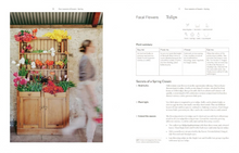 Load image into Gallery viewer, A book spread showing a left photo of a wooden flower rack filled with colorful tulips and a blurred person walking beside it, alongside a right page with the heading 'Focal Flowers Tulips' and text about plant care and secrets of a spring classic.