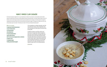 Load image into Gallery viewer, A split-page recipe layout for 'Nana's Famous Clam Chowder.' The left page contains the recipe text, and the right page shows a white ceramic lidded pot, a bowl of chowder topped with cookies and pepper, holiday greenery, red ribbon, and a wooden spoon on a rustic wooden surface.