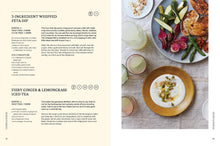 Load image into Gallery viewer, A two-page spread from a cookbook or recipe book. The left page has a cream background with black text headings for recipes, including '3-Ingredient Whipped Feta Dip' and 'Fiery Ginger & Lemongrass Iced Tea,' along with small ingredient circles.
