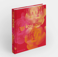 Load image into Gallery viewer, cover image of Phaidon's The Rose Book, showing a graphic pixelated image of three overlapping roses in pink, yellow and orange on a scarlet red background