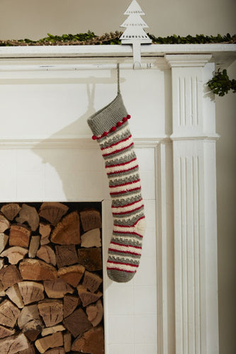 striped knit holiday stocking in red, white, grey