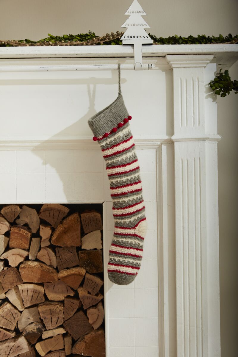 striped knit holiday stocking in red, white, grey