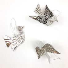 Load image into Gallery viewer, three silver stamped and punched tin metal dove ornaments for everyday or holiday decoration
