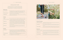 Load image into Gallery viewer, A two-page gardening guide spread with text sections titled 'Cutting Garden Toolkit,' 'Planting,' 'Winding,' 'Cutting / Harvesting,' and 'Mechanical,' alongside two small photos of hands using garden tools in a field.
