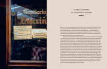 Load image into Gallery viewer, Glass window with restaurant name and menu items, text about Tuscan flavors on a beige background
