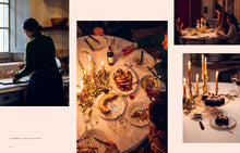 Load image into Gallery viewer, A three-panel editorial-style collage showing a dinner table scene: a woman preparing food at a kitchen counter on the left, an overhead view of a candlelit dining table with plates of food and people seated on the center, and a close-up of a dessert table with lit candles on the right.
