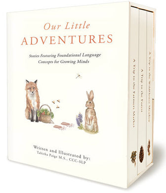 our little adventures book set from tabitha paige. delicate and beuatiful illustrations of woodland animals heading out on littel adventures with a focus on learning grammar and reading concepts