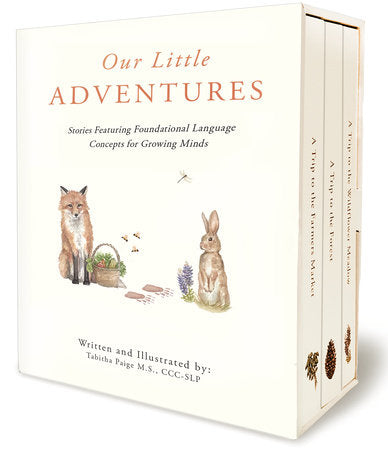 our little adventures book set from tabitha paige. delicate and beuatiful illustrations of woodland animals heading out on littel adventures with a focus on learning grammar and reading concepts