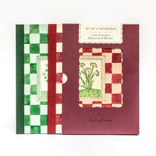 Load image into Gallery viewer, A set of two notebooks titled '15th Century Illustrated Herbs' by Roomytown, featuring a maroon cover with a botanical illustration and a green-and-white checkered pattern on the other notebook.
