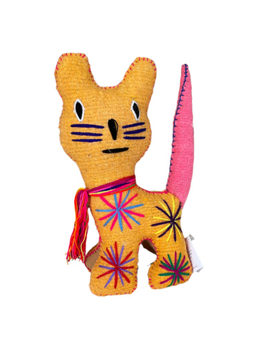 handmade wool stuffed animal cat with yarn starbursts and scarf from abrazo style made in the chiapas