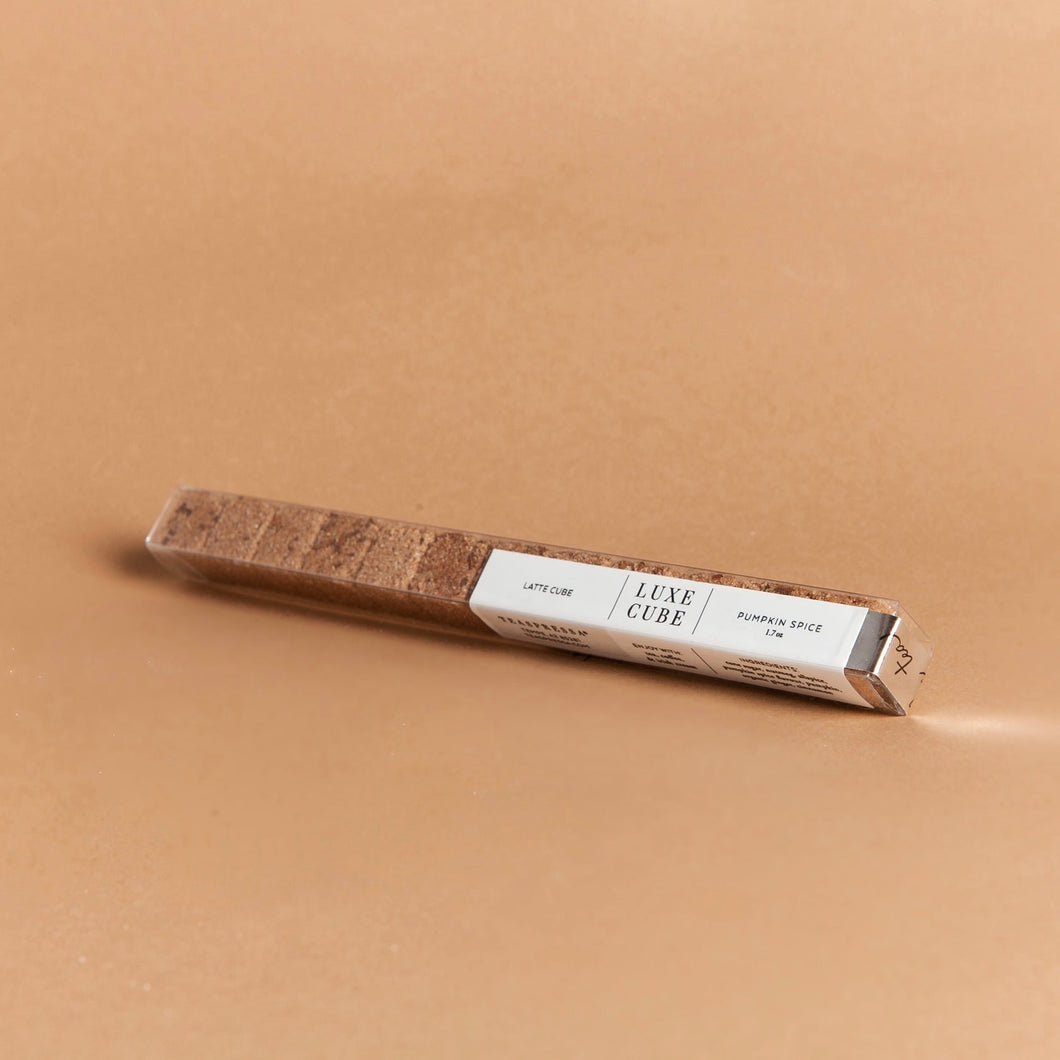 Teaspressa's Luxe Cafe Cubes mixer kit featuring Pumpkin Spice flavored coffee cubes to drop directly into your coffee, tea, or toddy for an instant cafe experience at home or on the go.