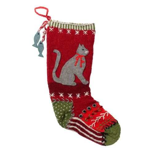 100% hand knit wool stocking made in Nepal by New Horizons, gray cat with red bow. fish tassels, and rows of festive knit designs 