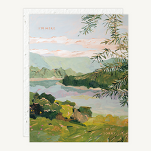 Load image into Gallery viewer, Artistic depiction of a landscape with mountains and trees, featuring text 'I'm here' and 'I'm so sorry'.
