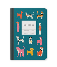 Load image into Gallery viewer, A hardcover notebook with a dark teal cover decorated with various colorful cartoon dog illustrations. The center features a white rectangular label with the text 'NOTEBOOK', 'DESIGN NO. 31 CANINE FRIENDS'
