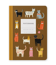 Load image into Gallery viewer, A brown hardcover notebook with a cover design featuring various colorful cartoon cats and a central white label that reads 'NOTEBOOK DESIGN NO.32 FELINE FRIENDS'.

