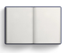 Load image into Gallery viewer, An open lined notebook with blank white pages and a dark navy blue cover, shown from a top-down perspective on a white background with a soft drop shadow.
