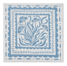 Load image into Gallery viewer, A square decorative bandana scarf featuring a light blue floral and geometric border pattern on a white background.
