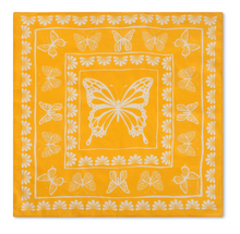Load image into Gallery viewer, A square yellow bandana or scarf featuring a white butterfly design in the center and a border of floral and butterfly motifs.
