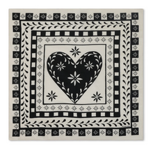 Load image into Gallery viewer, A square decorative bandana scarf featuring a black and white folk-art style design with a large heart in the center, surrounded by floral and geometric borders.
