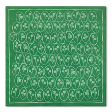 Load image into Gallery viewer, A square green bandana or scarf featuring a repeating pattern of white floral motifs inside white ovals, framed by a dotted white border.
