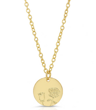 Load image into Gallery viewer, A gold chain necklace with a round gold pendant engraved with a rose and a small bud, shown on a clean white background.
