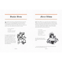 Load image into Gallery viewer, Page from a book with cocktail recipes and illustrations of a woman and a man, titled 'Bunker Brew' and 'Merry Widow'.
