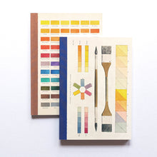 Load image into Gallery viewer, Two art color notebooks with illustrated paintbrushes and color swatches, photographed on a clean white background.
