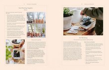 Load image into Gallery viewer, A two-page gardening instruction book spread with text sections titled 'Seed Starting Supplies' and 'Soil Blocking,' plus several small photos showing gardening tools, pots, seeds, and hands planting.
