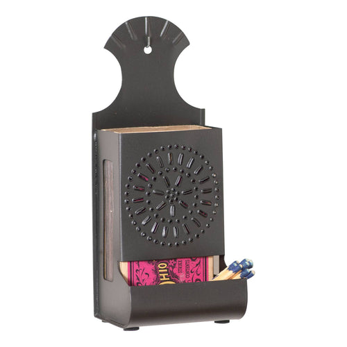 smoky black punched tin medallion match safe box, with keyhole for wall mounting