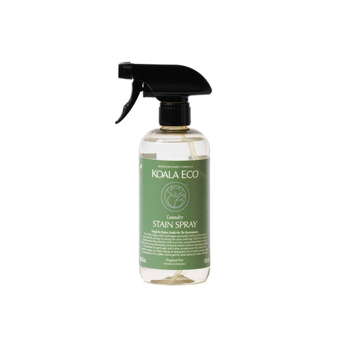 Koala Eco's Laundry Stain Spray Bottle, clear hydrogen-peroxide based stain treatment for use before washing.