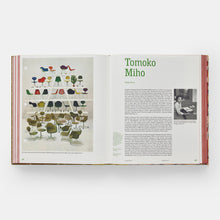 Load image into Gallery viewer, An open book showing a page about Tomoko Miho with a large photograph of colorful chairs on the left and text on the right, photographed against a light gray background.
