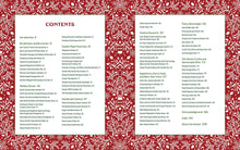 Load image into Gallery viewer, A printed cookbook or recipe book page showing the table of contents, with a red and white patterned border and black text listing chapters and recipes.
