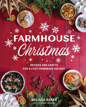 Load image into Gallery viewer, Book cover of 'Farmhouse Christmas' with festive food and decorations on a red background.
