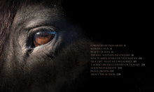 Load image into Gallery viewer, Close-up of a horse's eye with text on a black background
